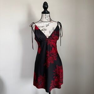 la vie en rose black with red floral satin slip dress